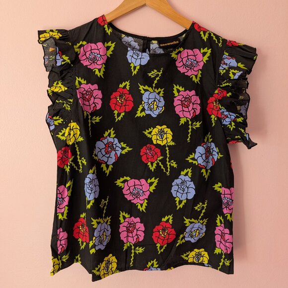 Nooworks Ruffle Sleeve Top Roses - Picture 1 of 5